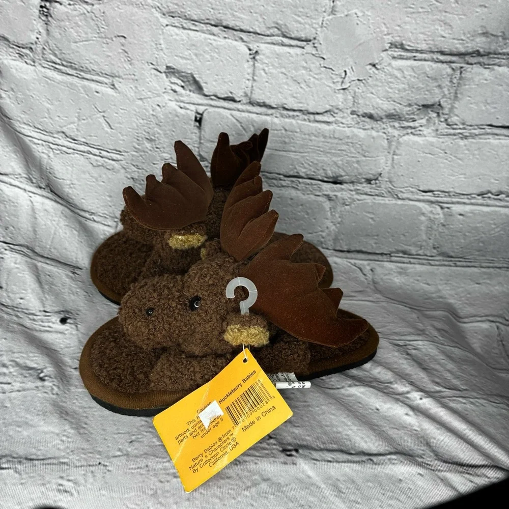5/$20 Berry Babies Little Kids Brown Moose Animal‎ Plush House Slippers 13/13.5